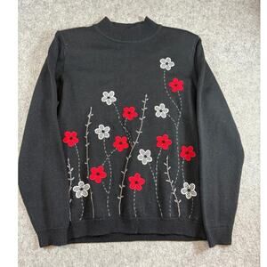 VINTAGE 90s Alfred Dunner Sweater Women Small Black Floral Embroidered Knit Goth